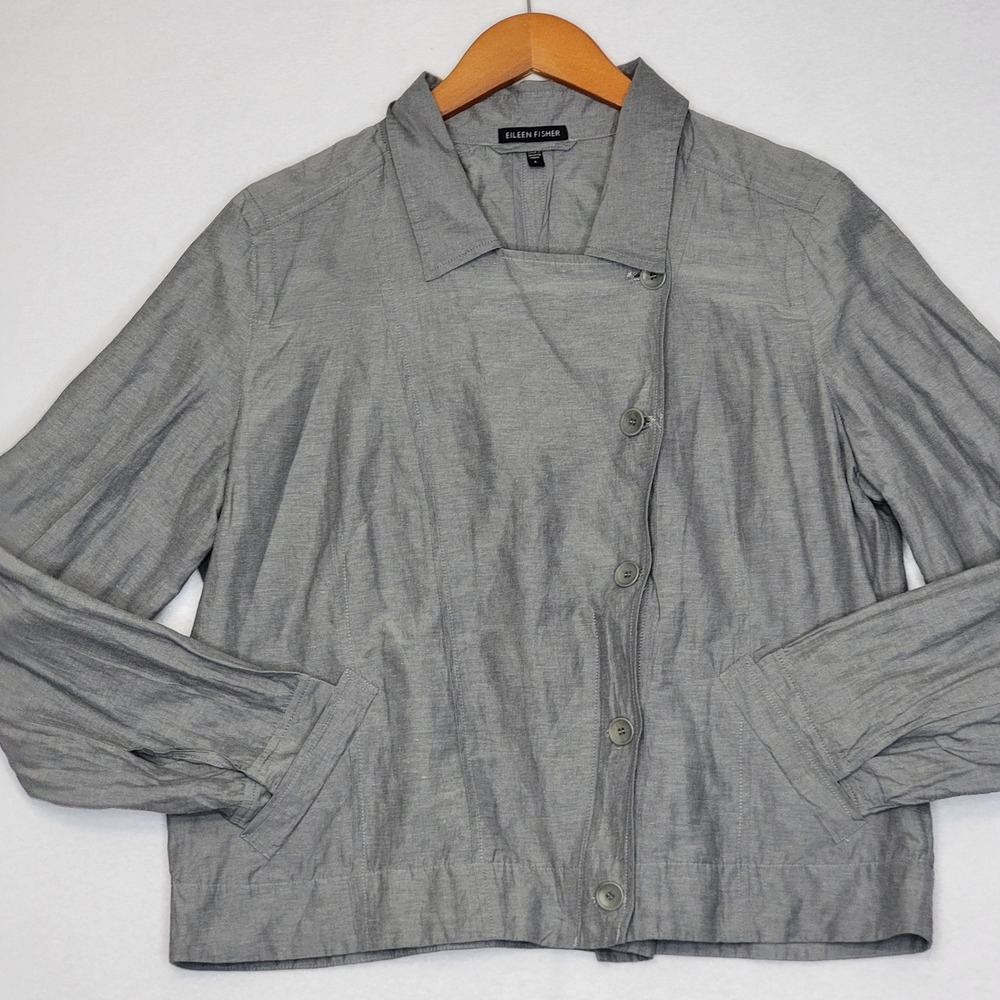 Eileen Fisher Grey Organic Cotton Metallic Asymmetric‎ Button Zip Jacket Large